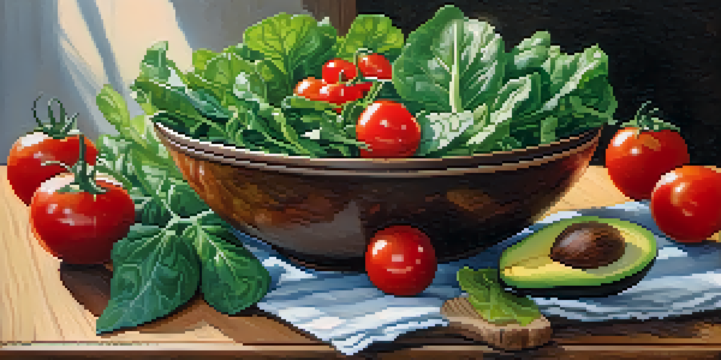 A colorful bowl filled with leafy greens, cherry tomatoes, and avocado on a wooden table, illuminated by natural light.