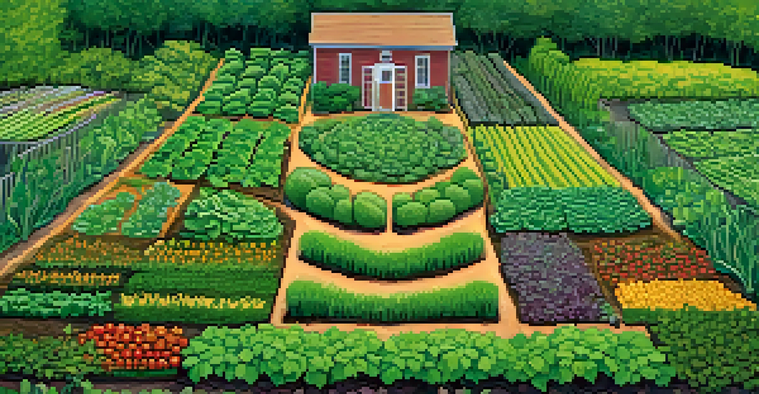 An aerial view of a diverse vegetable garden with beans, corn, mint, and cabbage flourishing together.