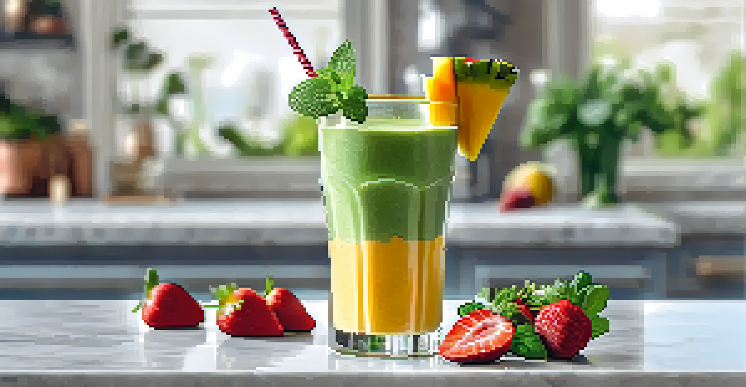 A tall glass of colorful smoothie made with strawberries, mangoes, and greens, garnished with fresh fruit and mint on a countertop.