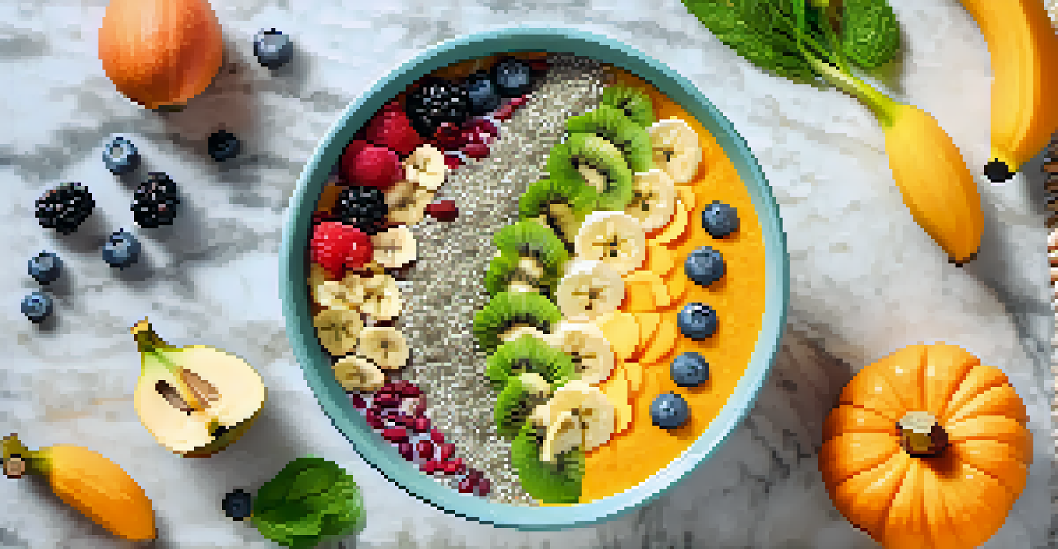 A colorful smoothie bowl topped with chia seeds, flaxseeds, and banana slices, garnished with pumpkin seeds and mint leaves, placed on a marble countertop.