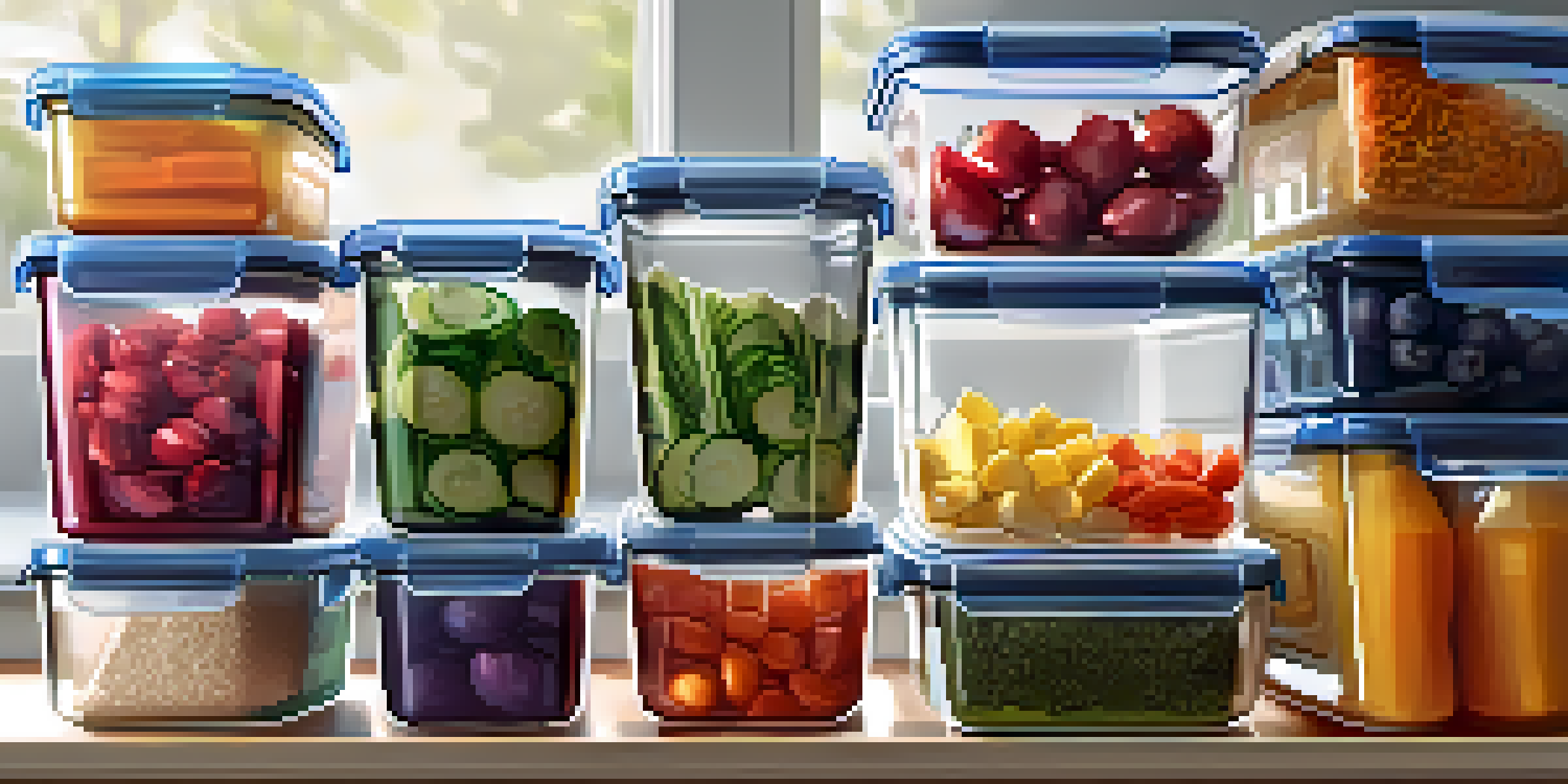 An organized kitchen shelf with colorful meal prep containers filled with vibrant vegan meals, illuminated by soft natural light.