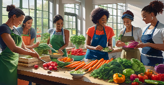 Participants in a vegan meal prep workshop chopping colorful vegetables and sharing recipes, with fresh produce around them.