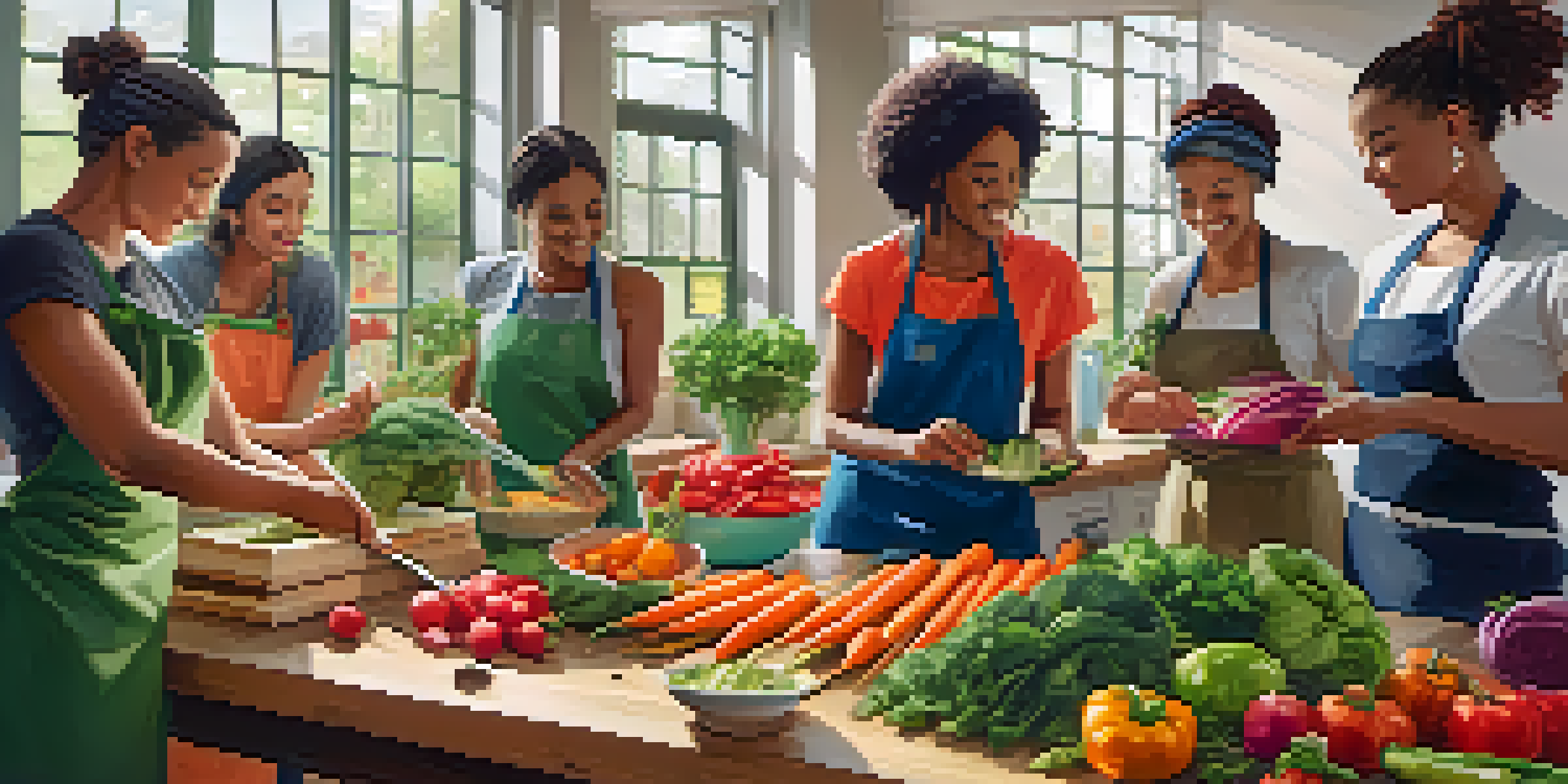 Participants in a vegan meal prep workshop chopping colorful vegetables and sharing recipes, with fresh produce around them.