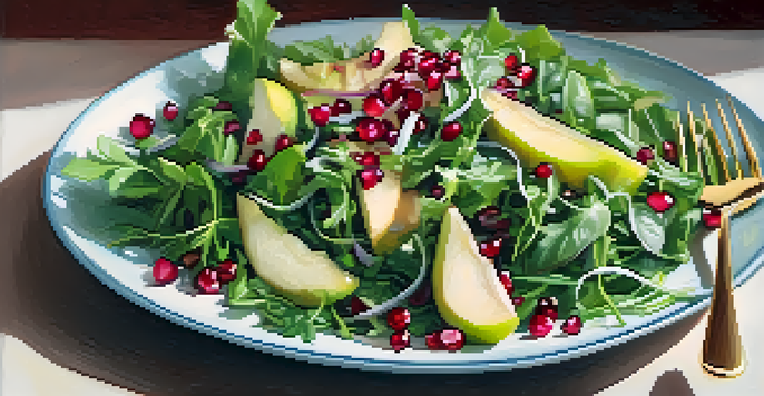 A colorful vegan salad with kale, arugula, pear slices, and pomegranate seeds, illuminated by sunlight.