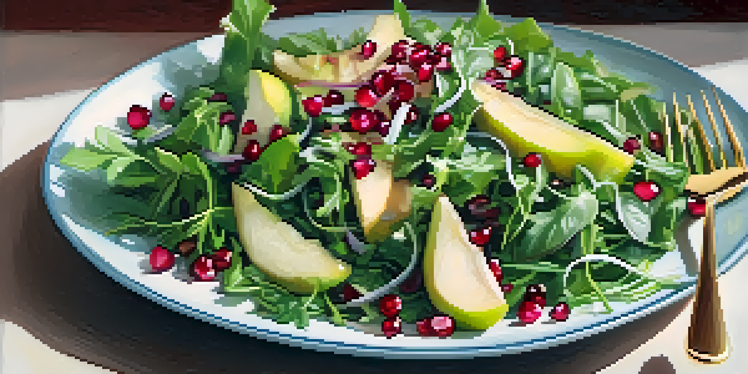 A colorful vegan salad with kale, arugula, pear slices, and pomegranate seeds, illuminated by sunlight.