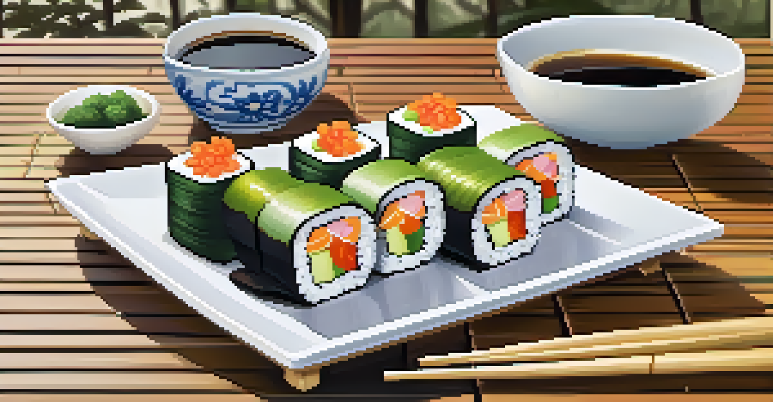 Vegan sushi rolls with vegetables and avocado on a bamboo mat, accompanied by soy sauce in a Japanese garden.
