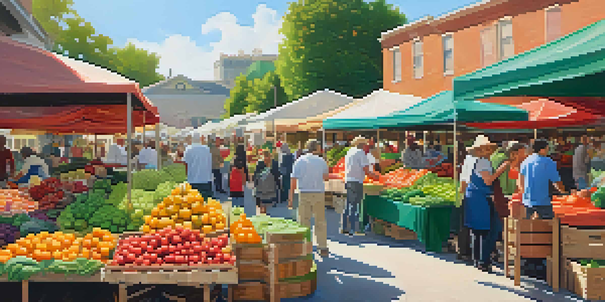 A lively farmer's market with various fruits and vegetables, people interacting, and warm sunlight creating an inviting atmosphere.