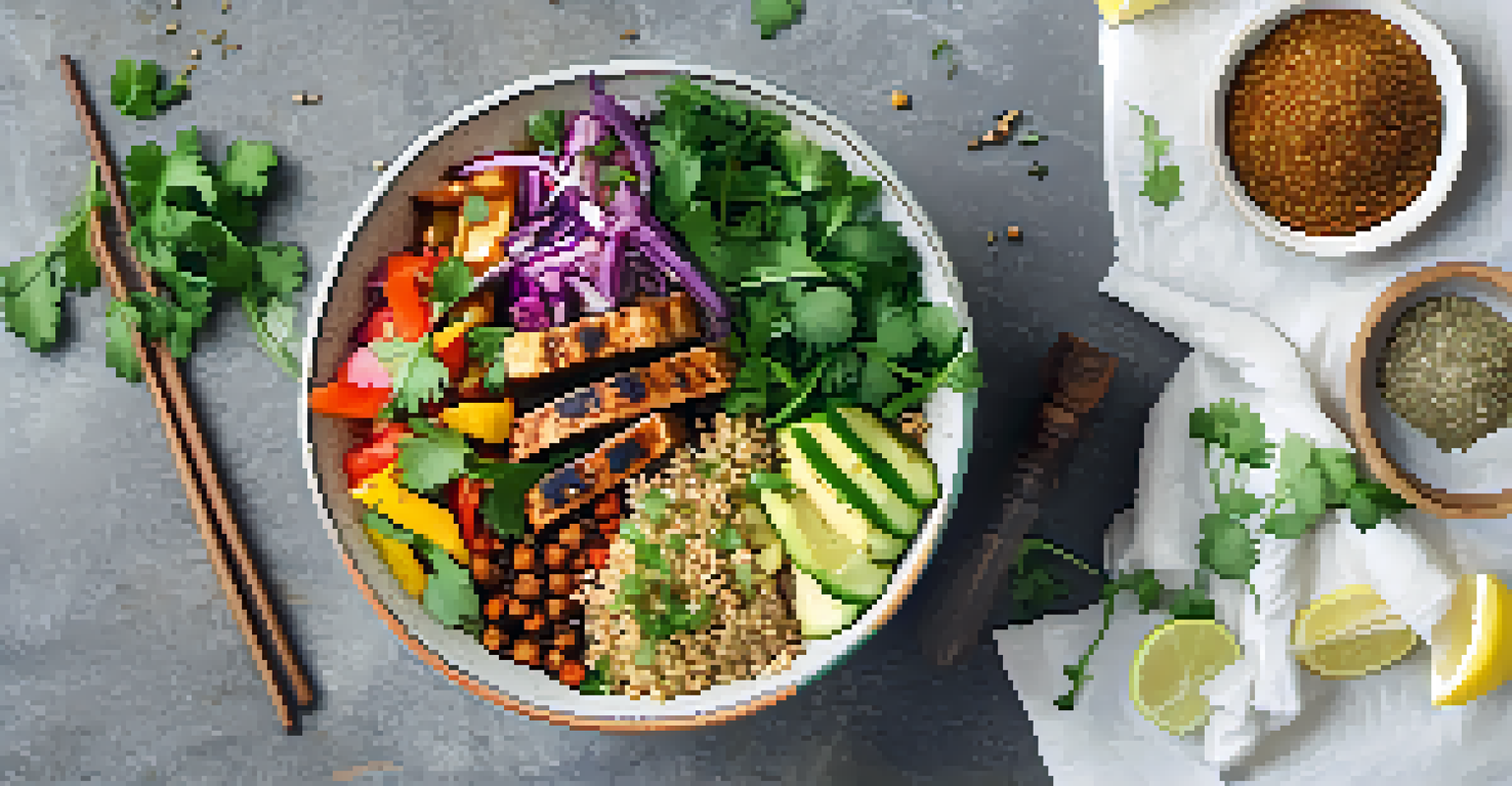 An overhead view of a vegan shawarma bowl with quinoa, tempeh, and fresh vegetables.
