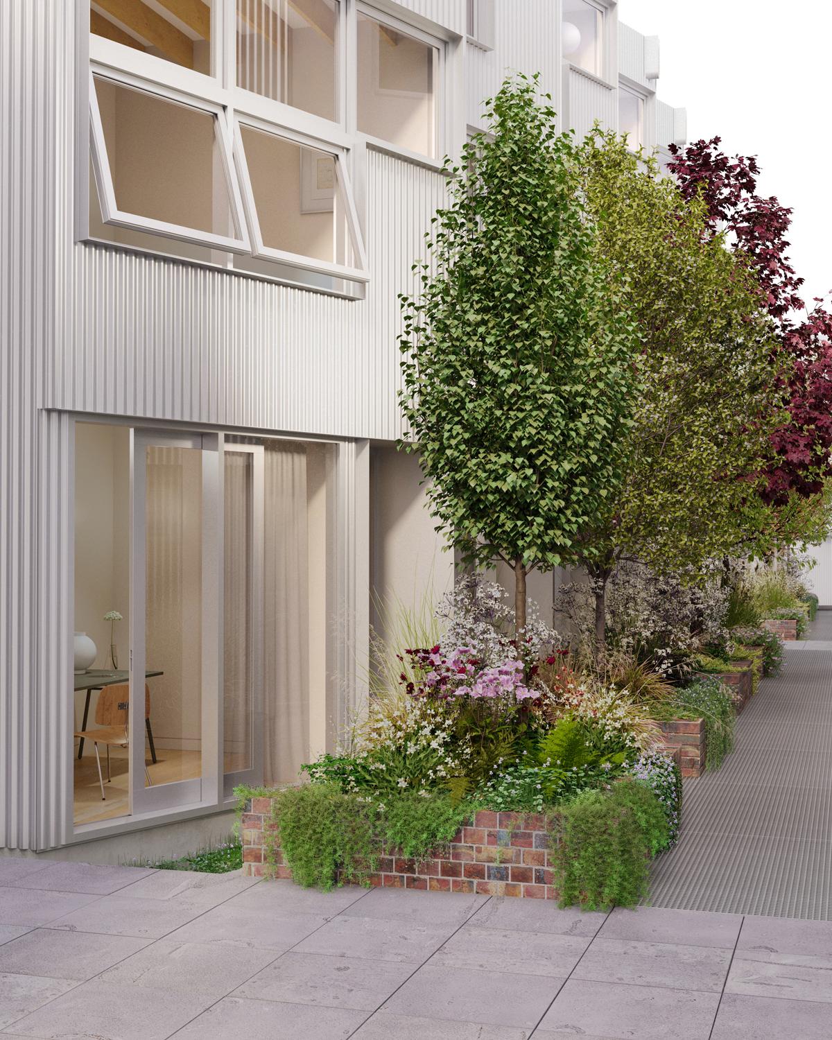 Three-storey homes in Brunswick positioned within flourishing, designed gardens
