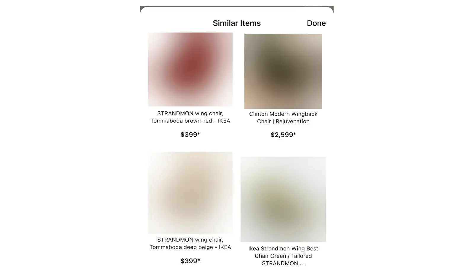 Similar Items list in Home Planner with store products and prices found from a photo