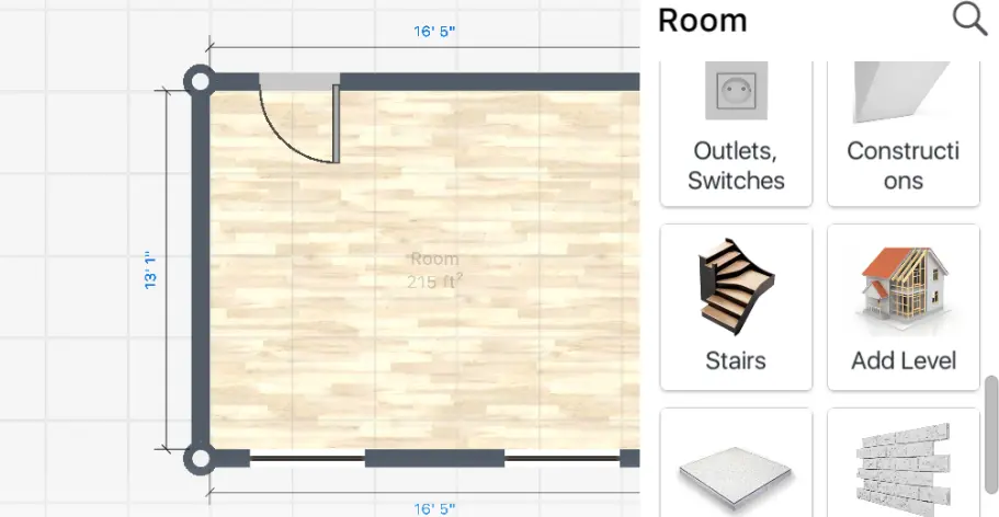 Floor plan editor with the Add Level item in the Room catalog