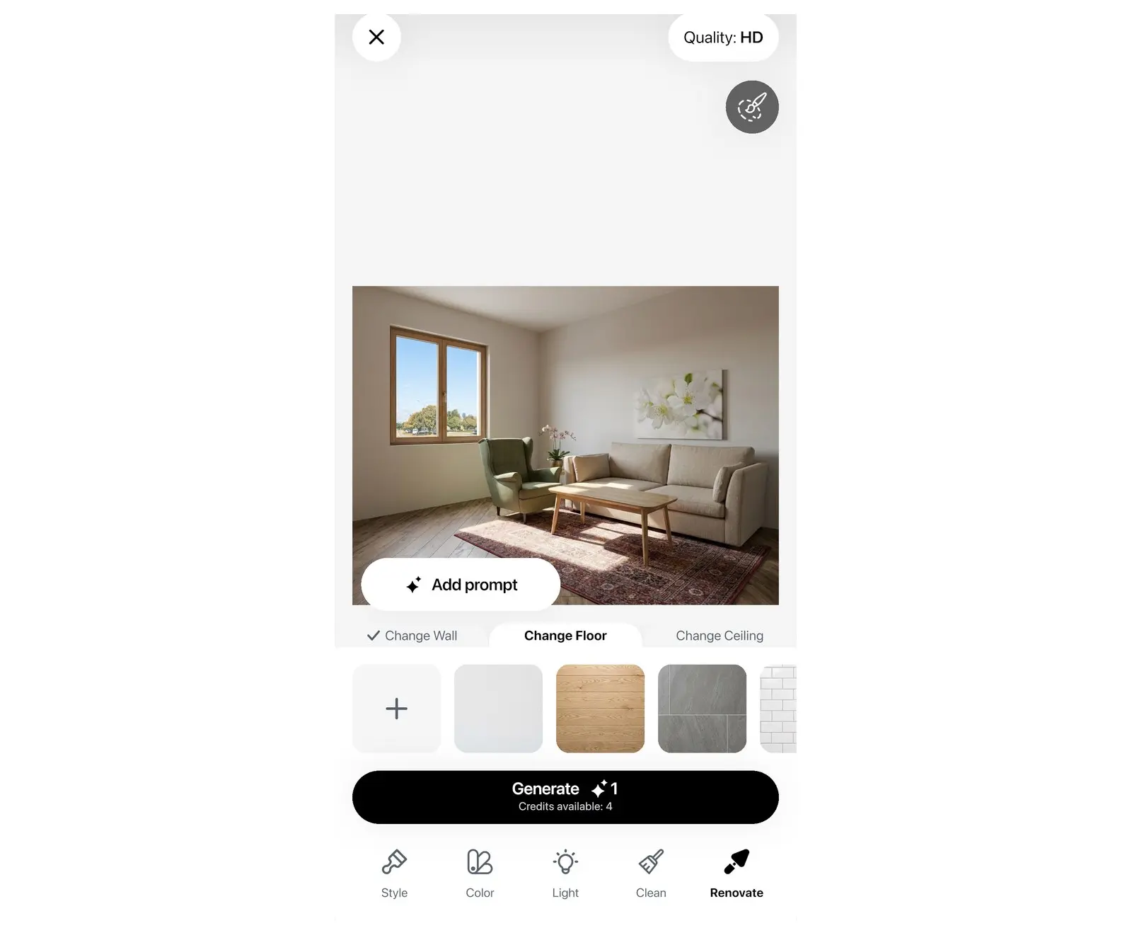 Renovate tool in Home Planner AI Redesign with the Change Floor tab and floor material tiles