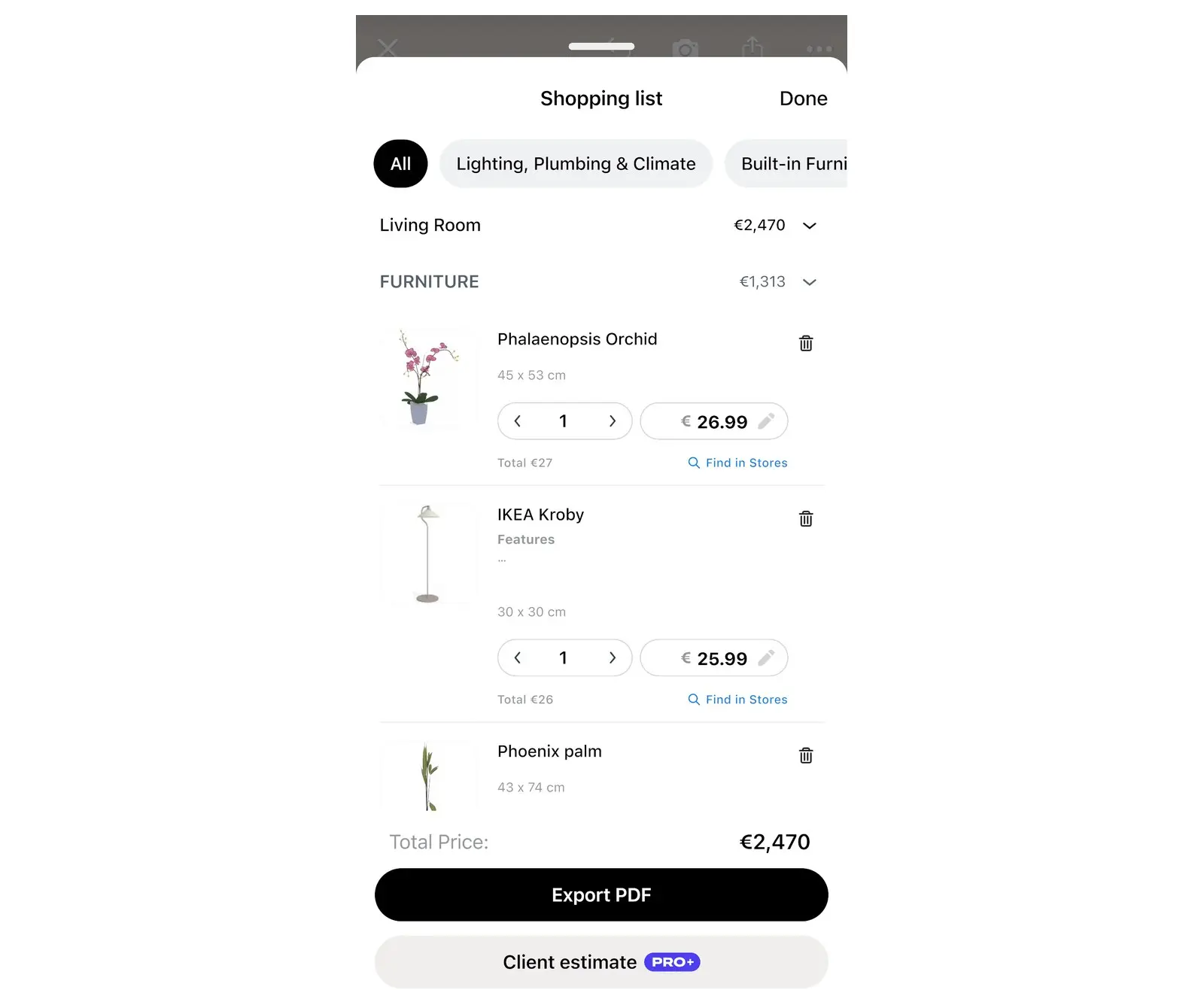 Shopping list in Home Planner grouped by room, with quantity, price and total price