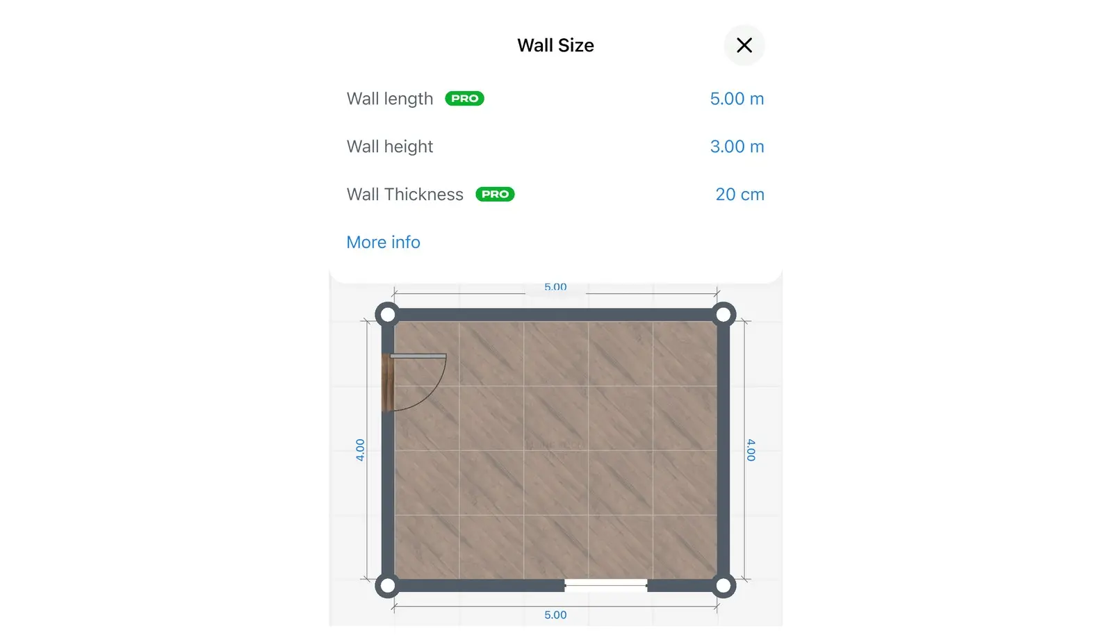 Home Planner Wall Size window with Wall length, Wall height and Wall Thickness