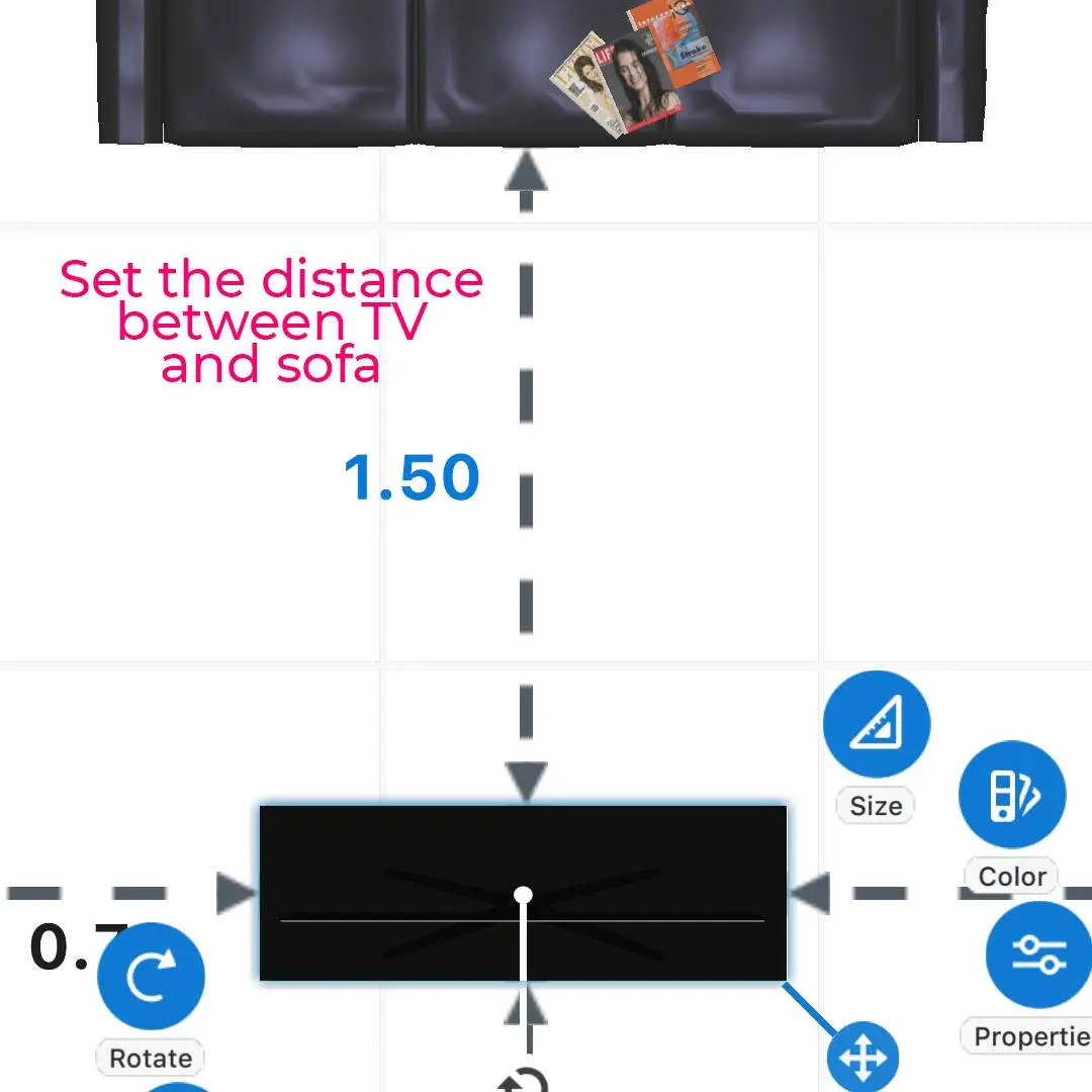 Home Planner editor measuring the distance between a TV and a sofa