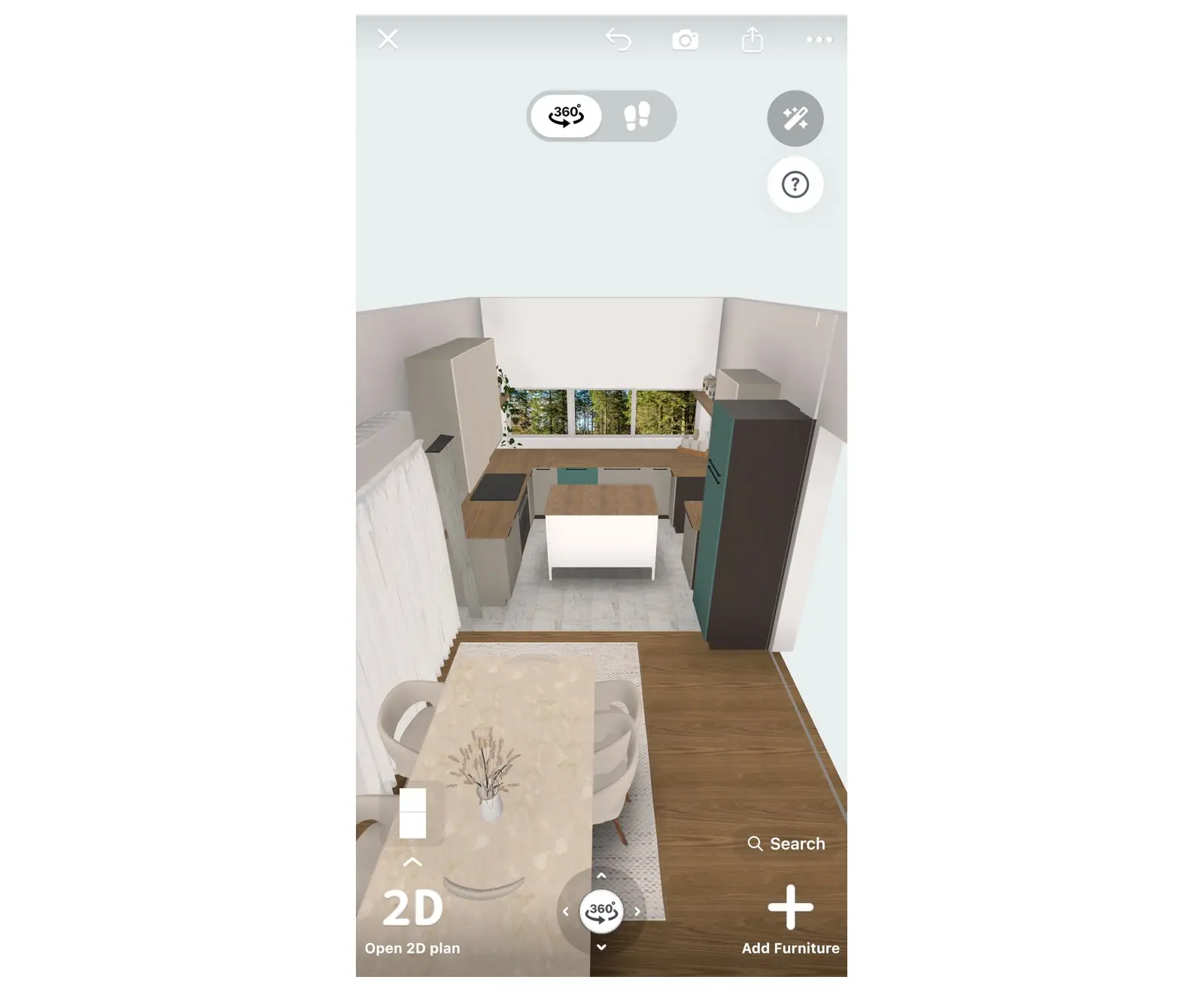 Home Planner 3D view of an open kitchen with a dining table