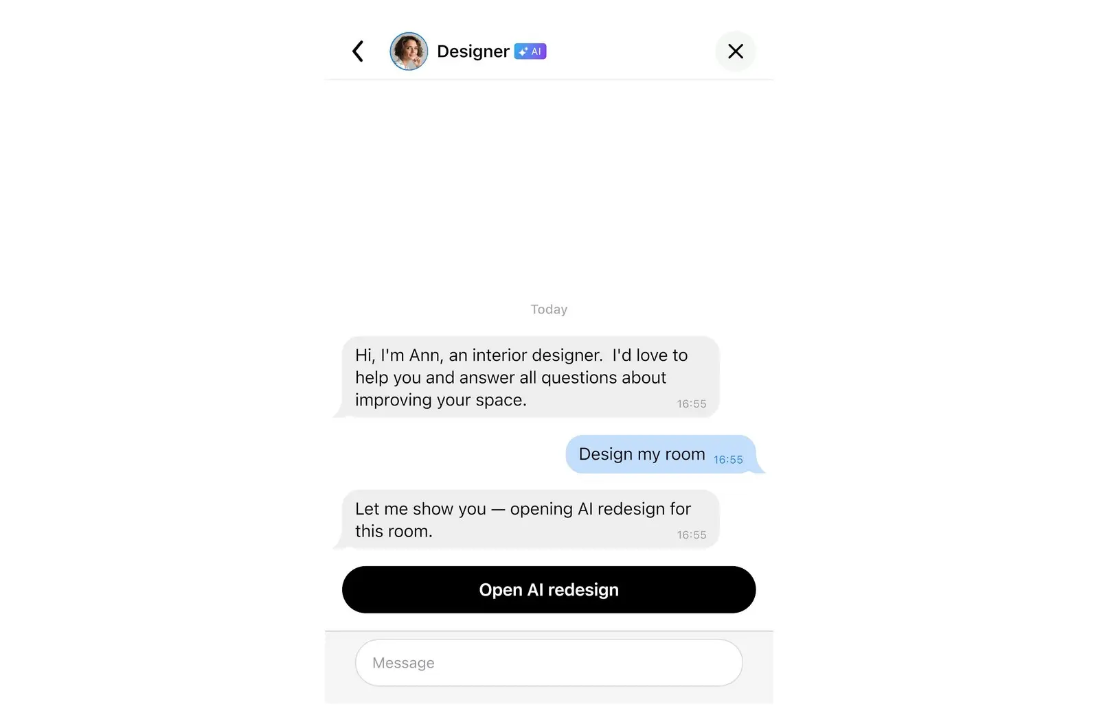 AI designer chat in Home Planner with the reply Let me show you and the Open AI redesign button