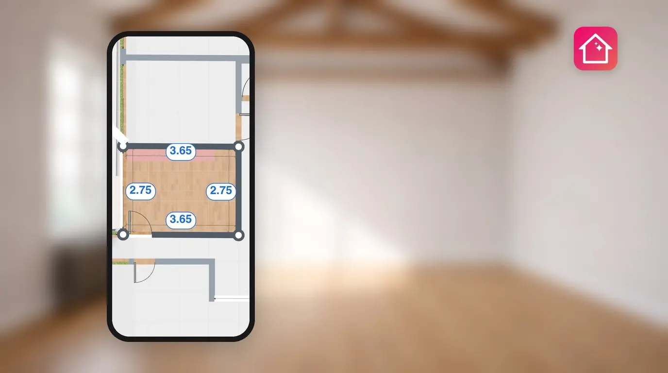 A phone showing a room plan in Home Planner with wall lengths of 3.65 and 2.75
