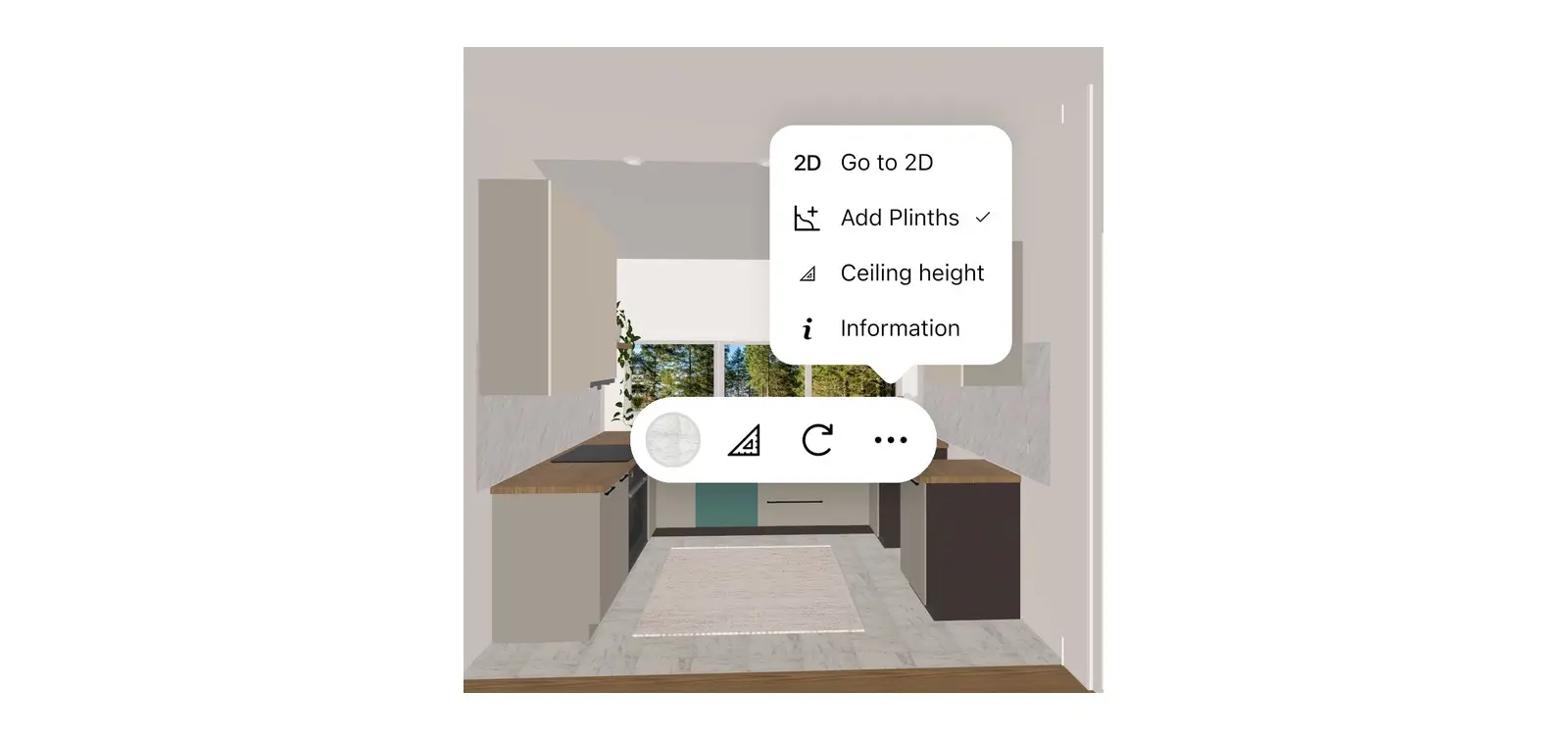 Home Planner 3D 视图中选中厨房地板后的三点菜单,其中包含“天花板高度”选项