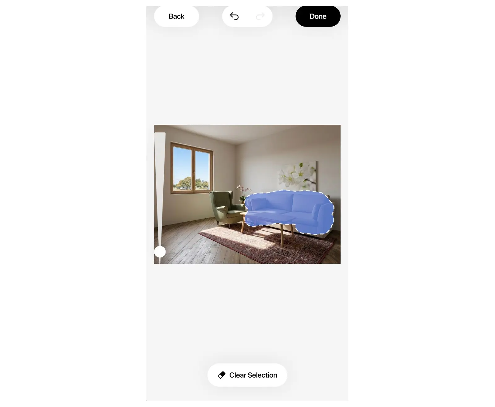 Area brush in Home Planner AI Redesign: a sofa painted over, with the Done button at the top