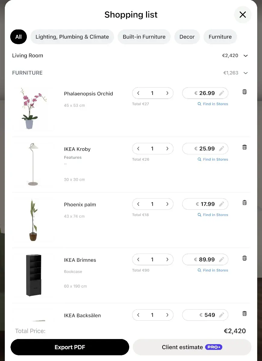Shopping list in Home Planner with furniture rows, quantities, prices and the total price