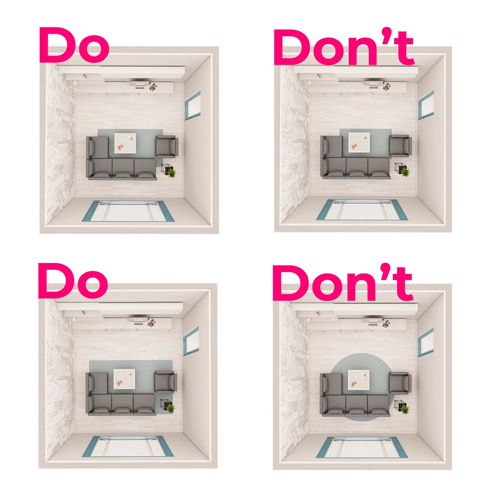 Do and don't top views of living room rugs placed under and away from a sofa
