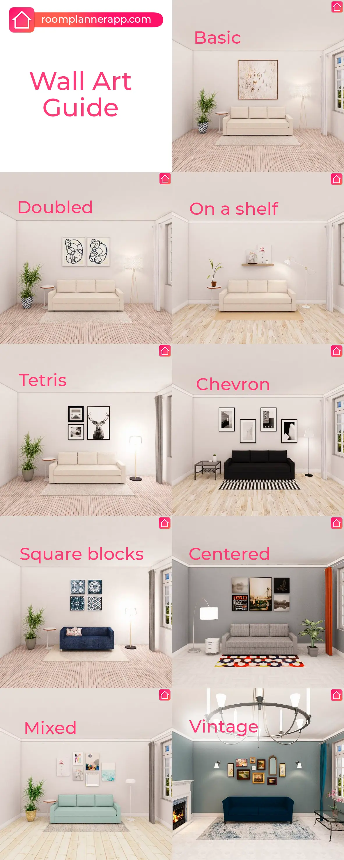 Wall art guide with ten gallery layouts such as doubled, chevron, centered and vintage