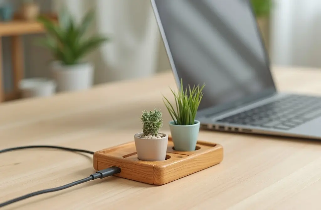 Wooden cable organiser with two small plants next to a laptop on a desk