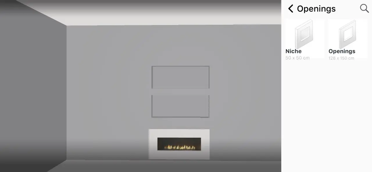 Home Planner Openings menu with niche and opening items next to a wall