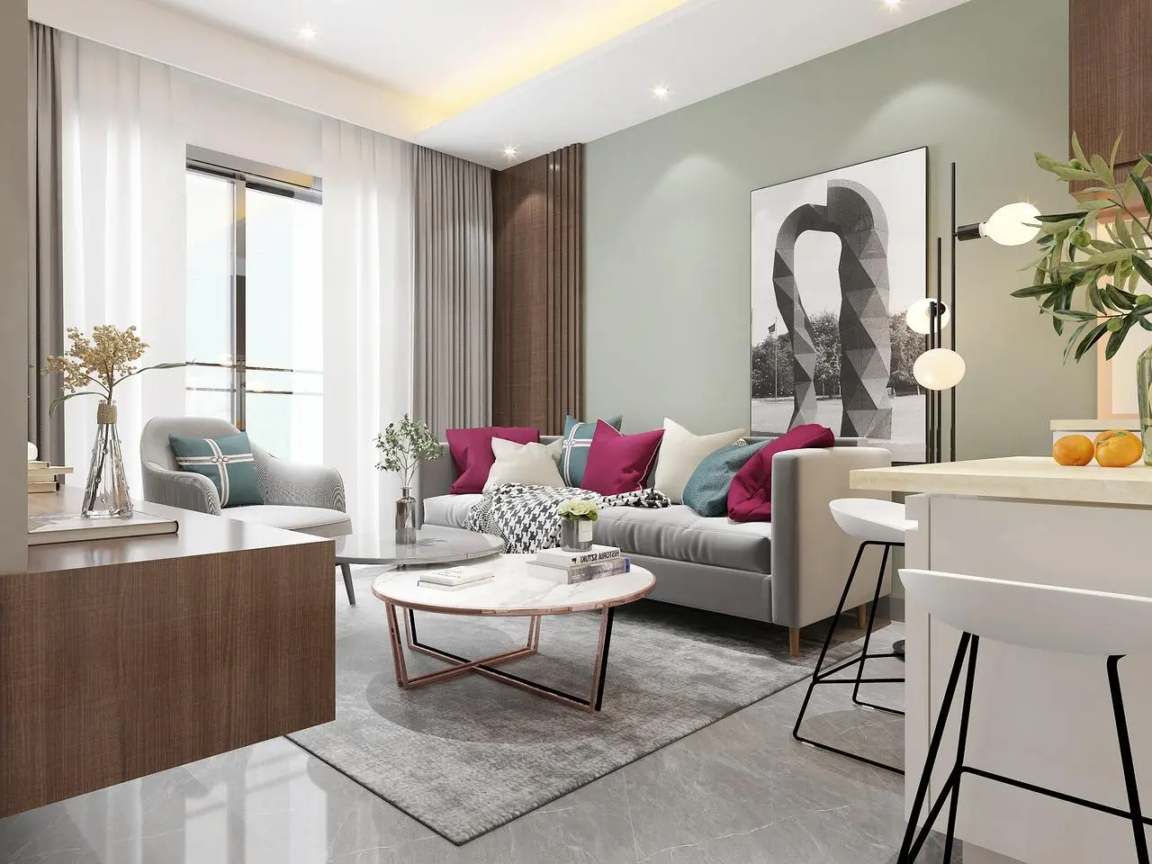 Living room with a grey sofa, pink cushions and a sage green accent wall