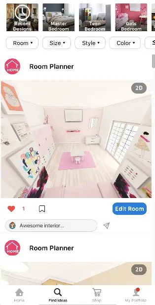 Find Ideas feed in the app with filters and a pink bedroom design