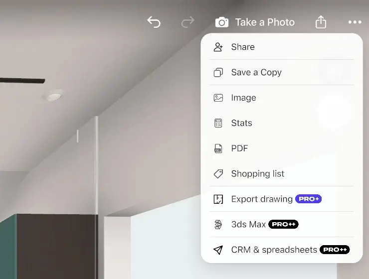 Home Planner export menu on desktop with the PDF row, next to Stats, Shopping list and Export drawing