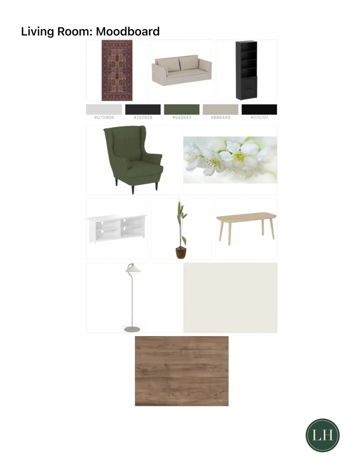 Mood board page of a Home Planner client PDF: the living room collage with its color palette and title