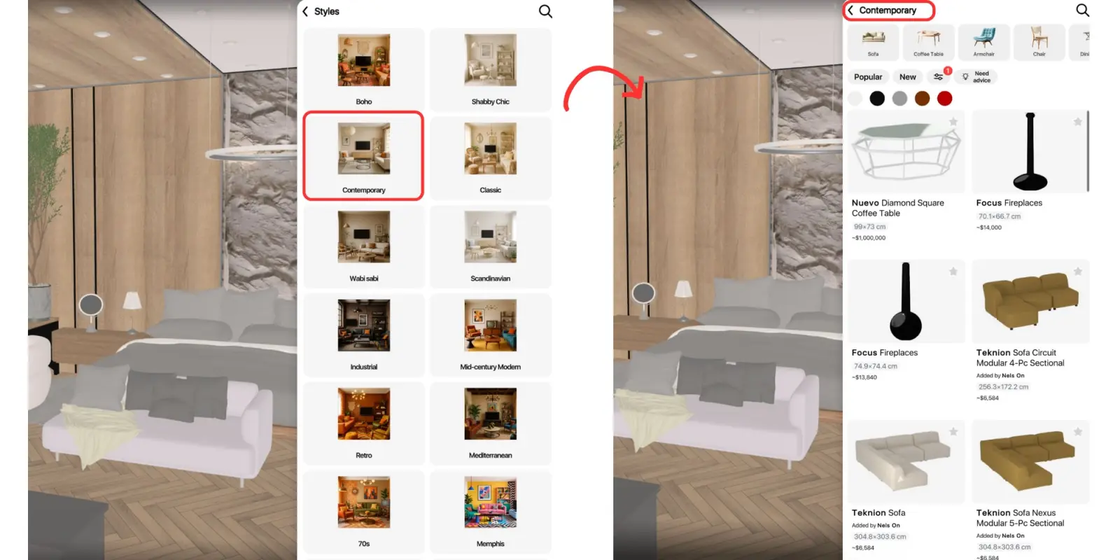 Home Planner Styles menu with Contemporary selected and the filtered furniture list