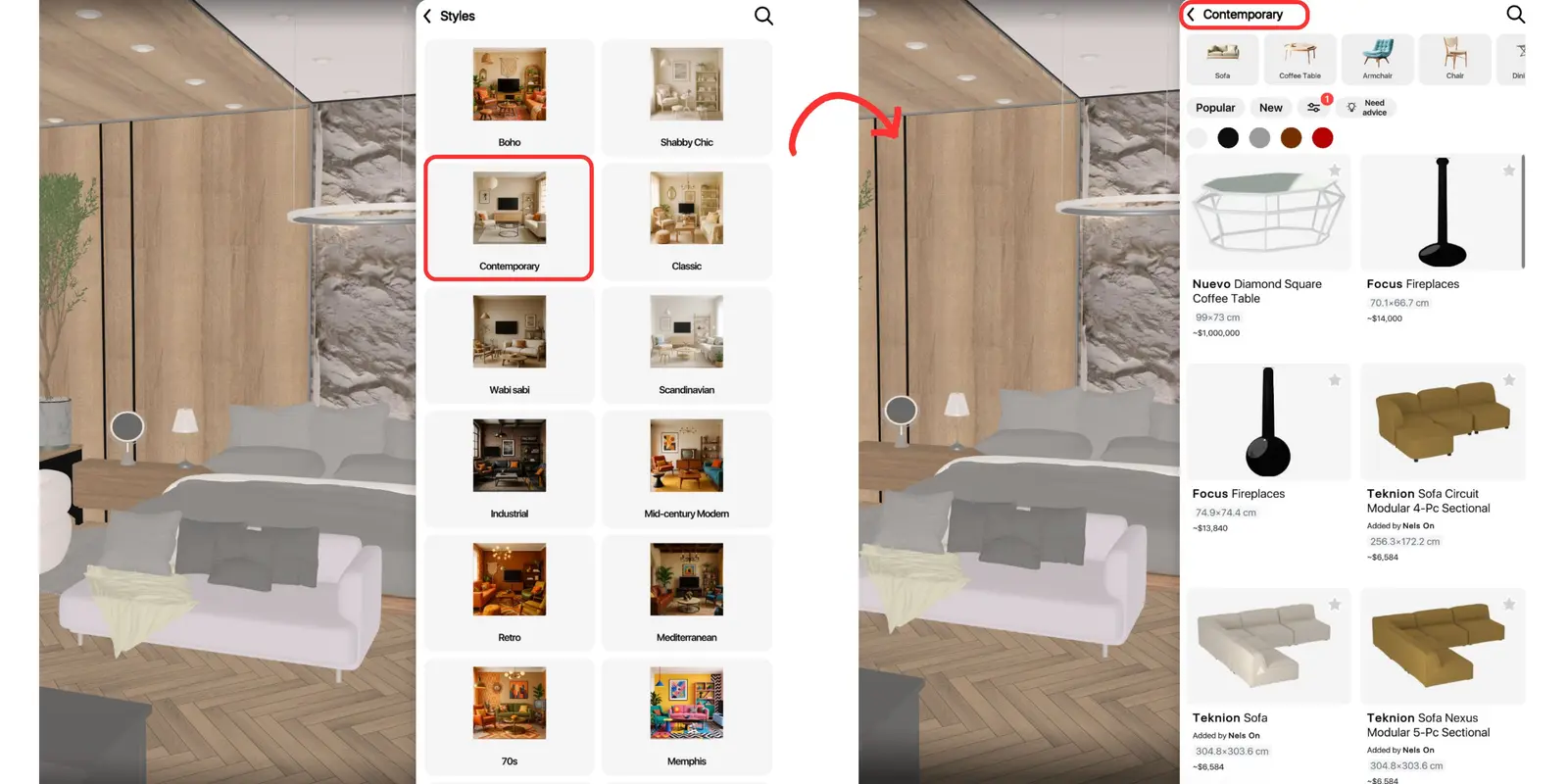 Home Planner Styles menu with Contemporary selected and the filtered furniture list