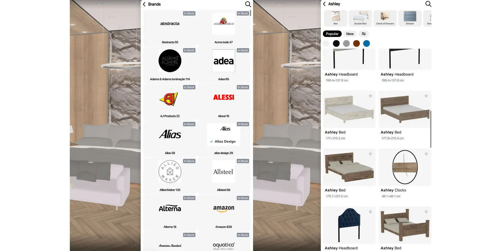 Home Planner Brands list in alphabetical order and one brand's beds and headboards