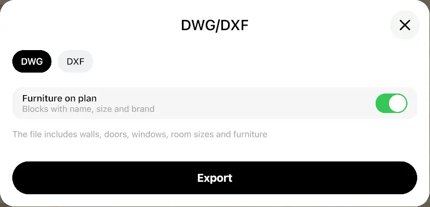 Home Planner export window with the DWG and DXF choice, Furniture on plan and the Export button