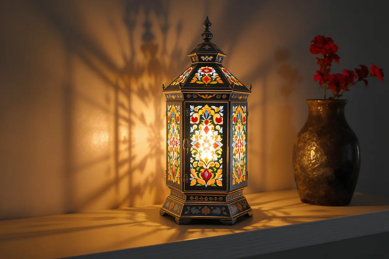 Hand-painted folk art lantern glowing on a shelf next to a vase of red flowers