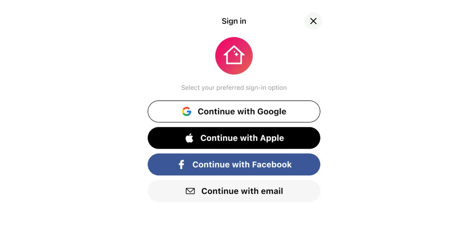 Home Planner sign-in window with Continue with Google, Apple, Facebook and email