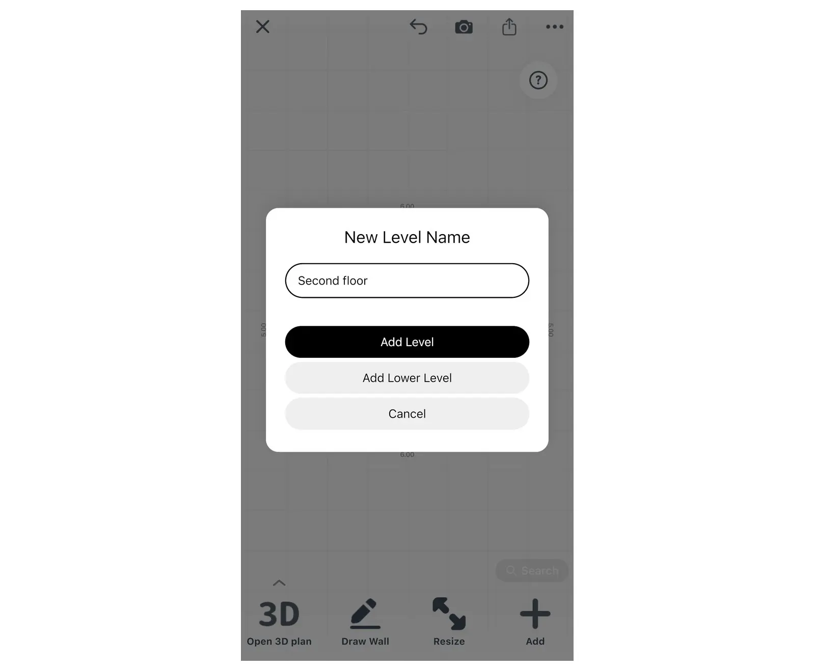 New Level Name dialog in Home Planner with the buttons Add Level and Add Lower Level