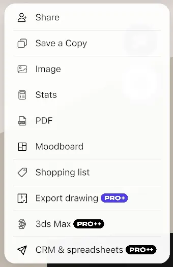 Home Planner share menu on desktop with the Moodboard row right after PDF