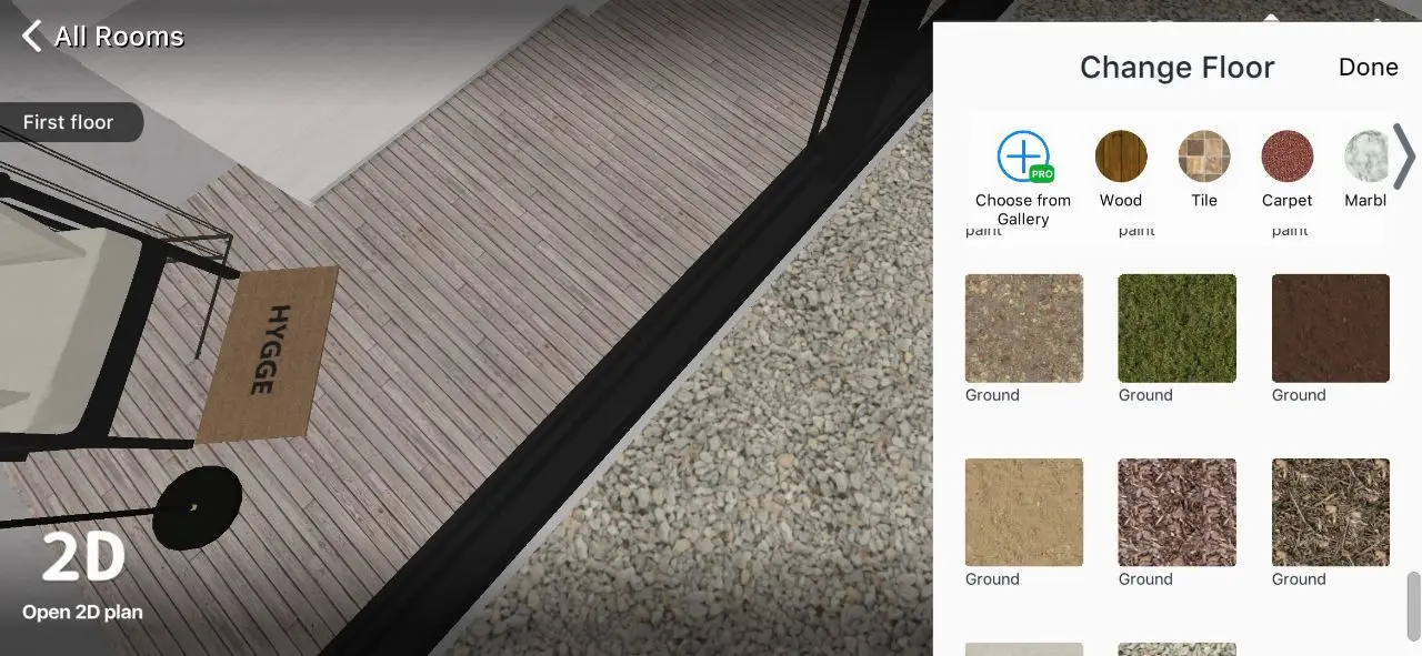 Home Planner Change Floor panel with new ground textures on an outdoor deck