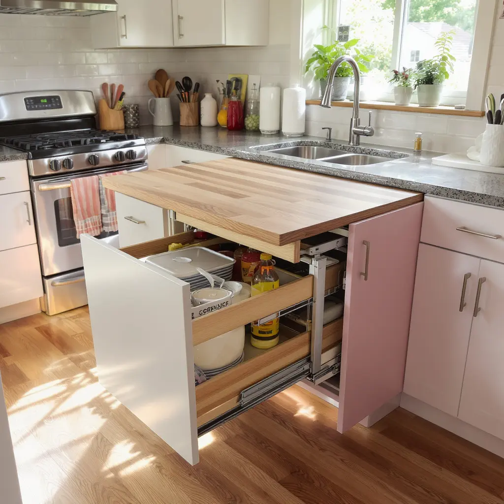Small kitchen with a pull-out island that hides storage drawers