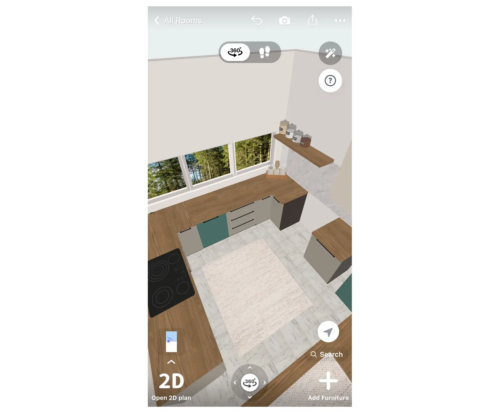 Home Planner 3D view of a U-shaped kitchen with wall cabinets