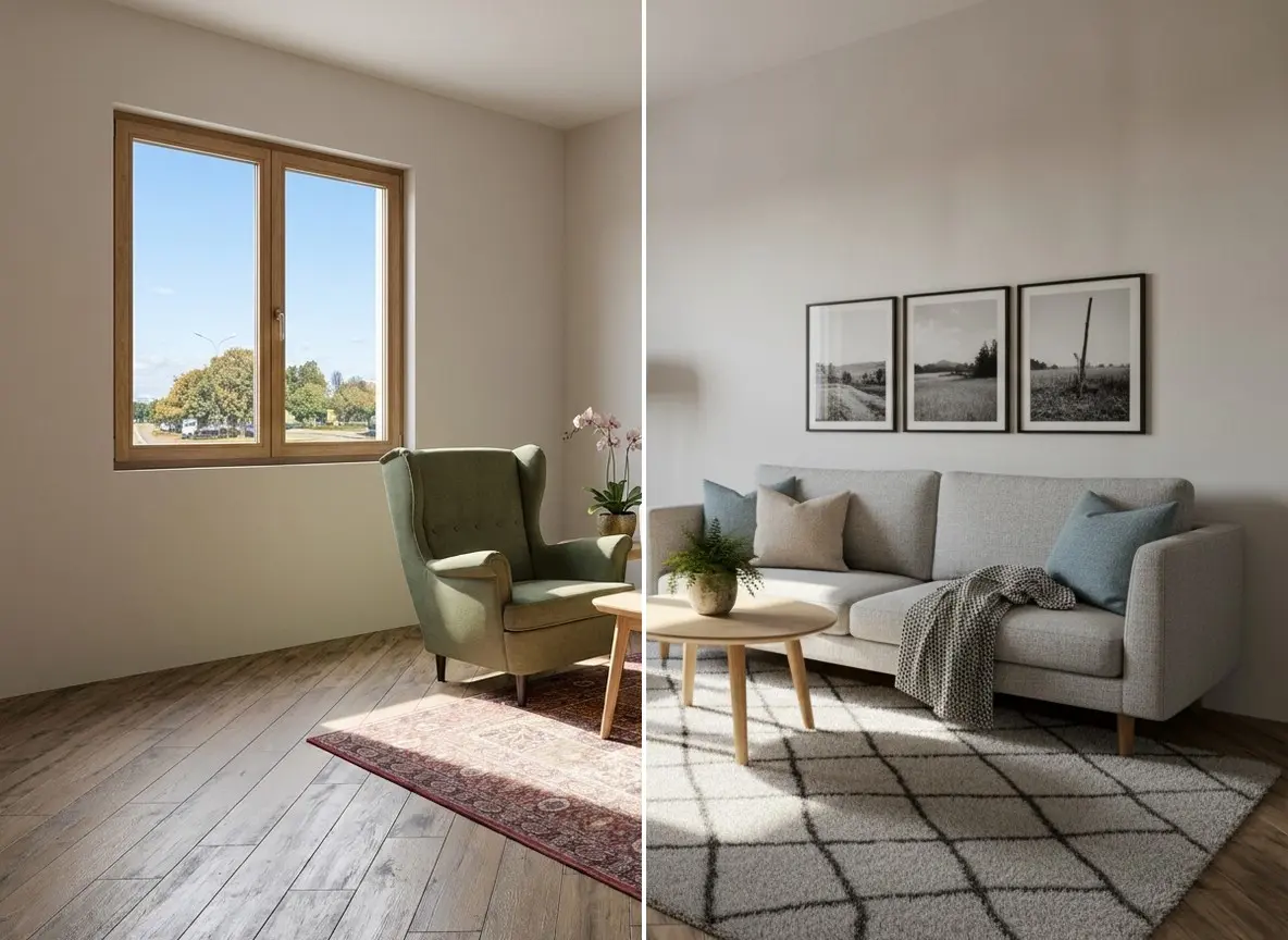 The same living room before and after AI Redesign in the Scandinavian style