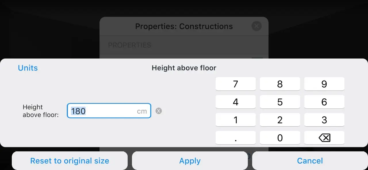 Home Planner Height above floor dialog with a numeric keypad