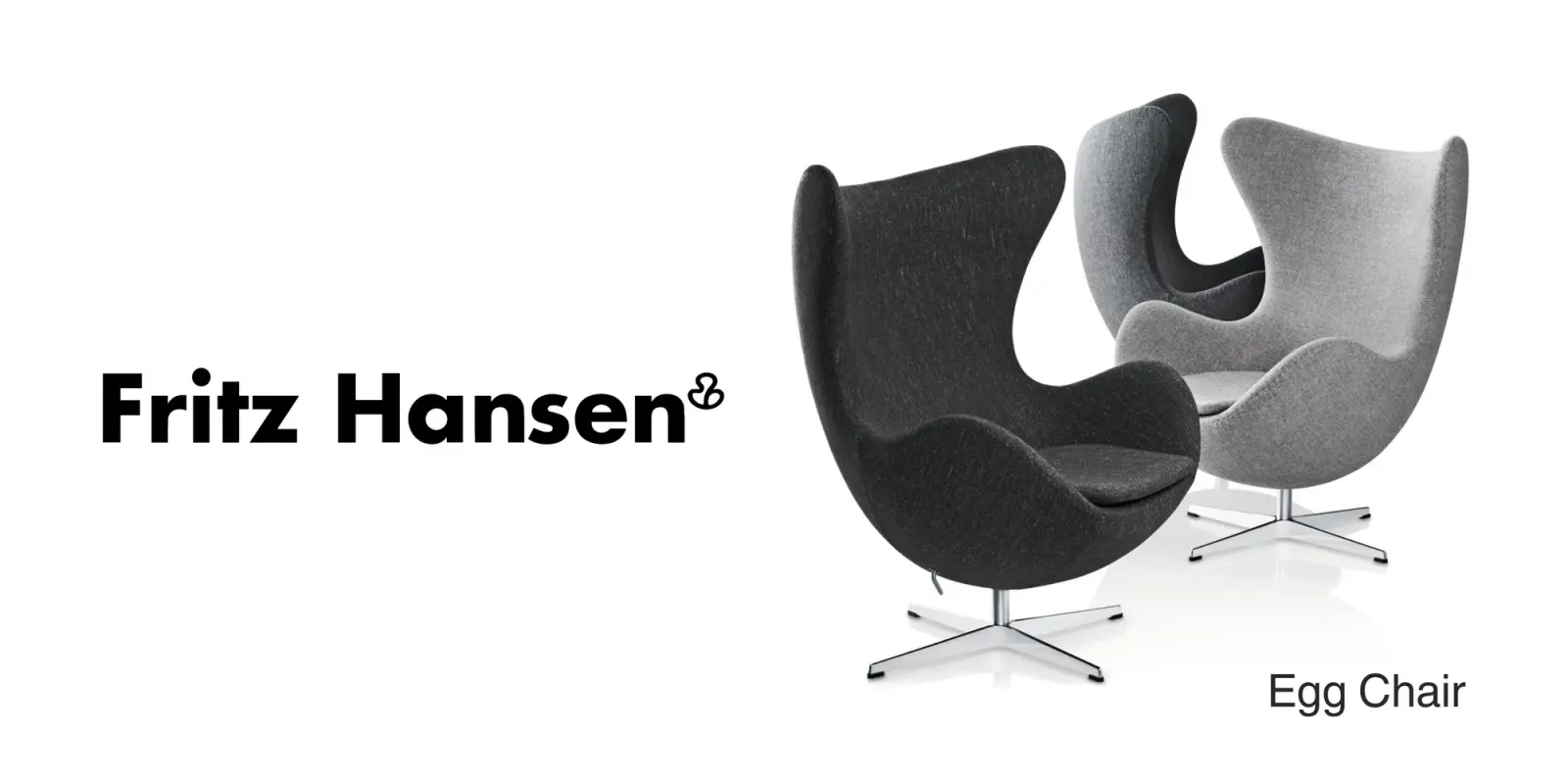 Fritz Hansen logo next to two Egg chairs in black and grey
