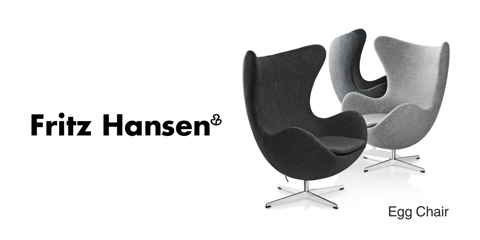Fritz Hansen logo next to two Egg chairs in black and grey