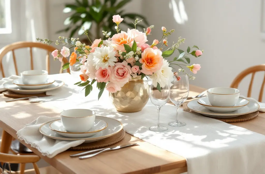 Table set with white ceramic cups, linen napkins and a vase of peach flowers