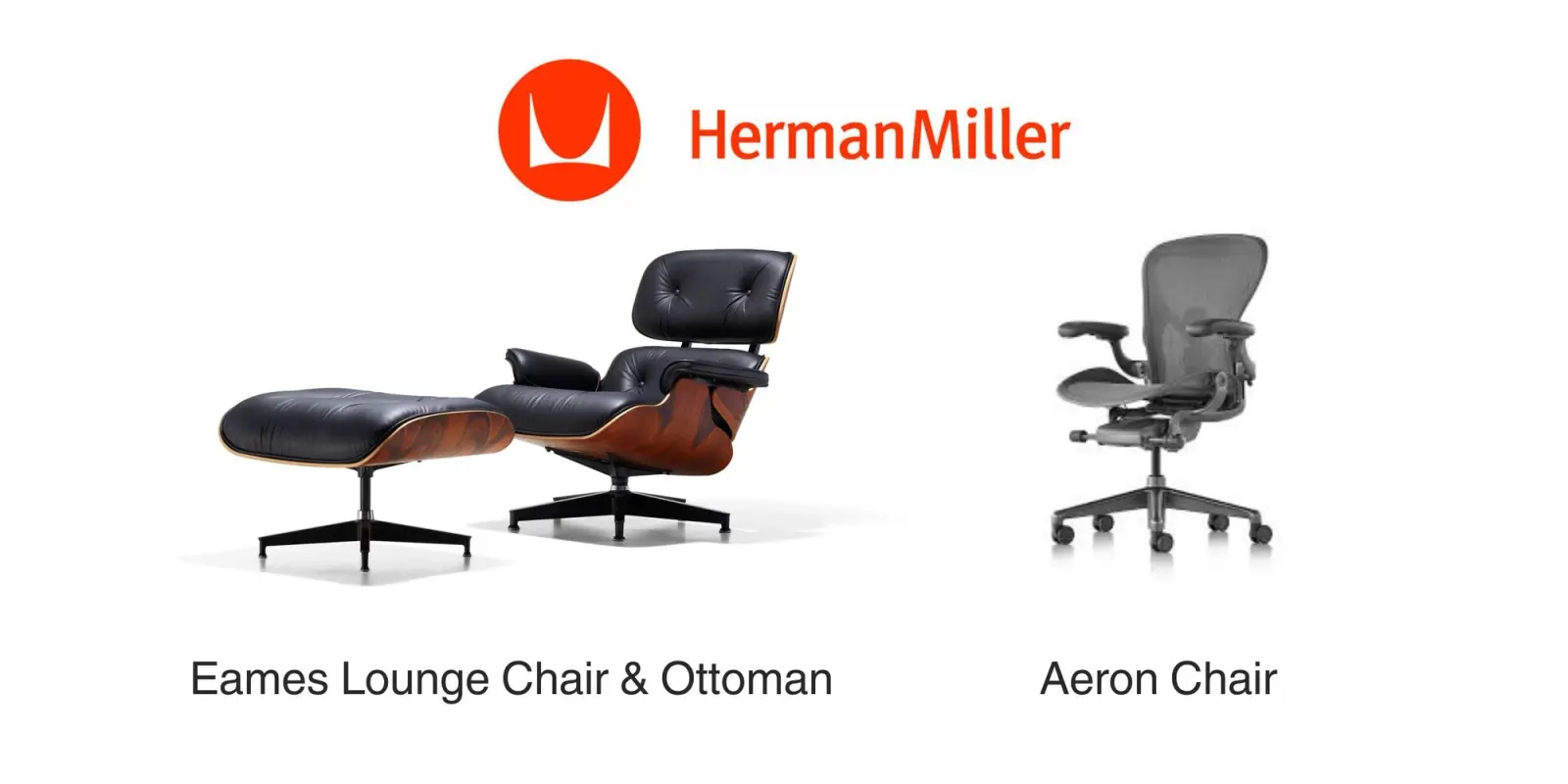 Herman Miller logo above the Eames Lounge Chair with ottoman and the Aeron chair